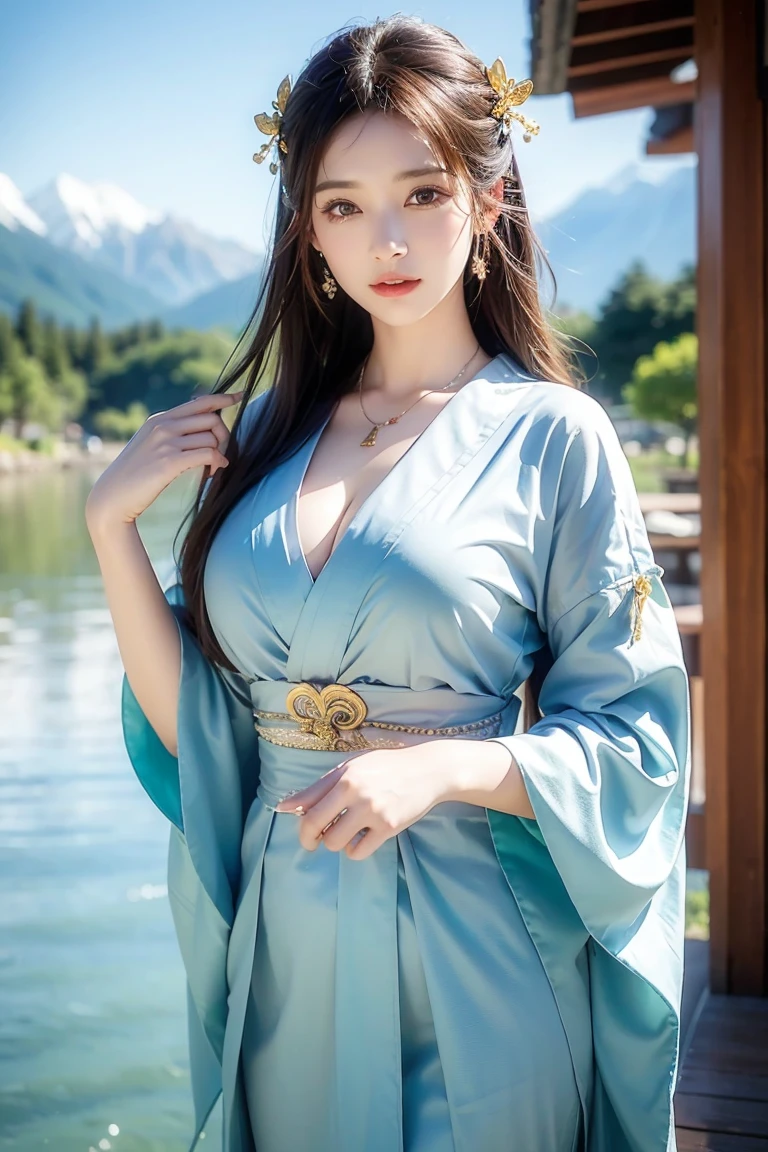 realistic, High resolution, 1 female, hip up, beautiful eyes, ring-shaped eyes, jewelry, tattoo, Hanfu, chinese fairy, Taoist uniform、cleavage、smile