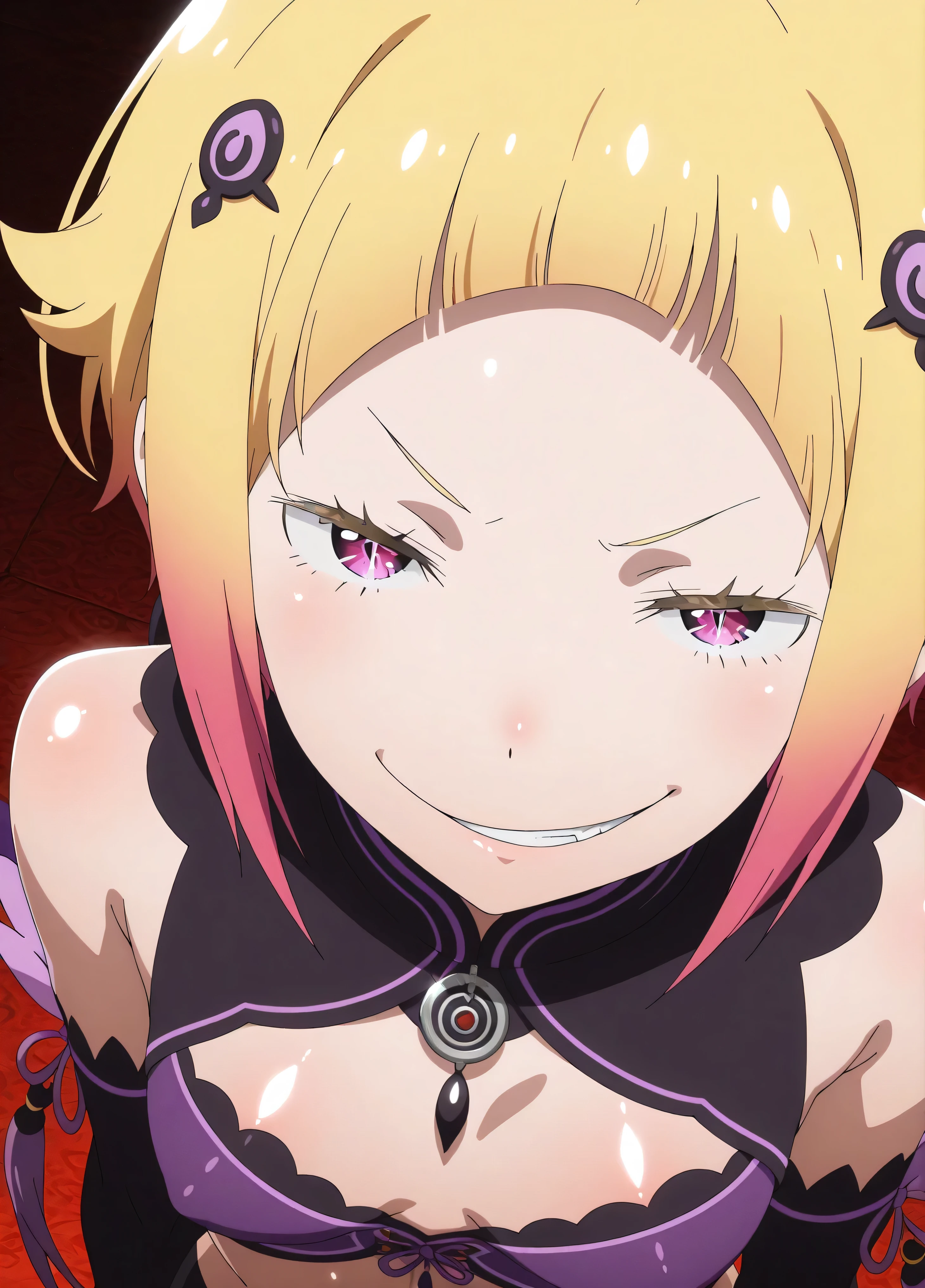 , Capella,re:zero
High quality ,  best quality , masterpiece,  High Resolution , detailed face( LoRA: Capella),anatomically correct, detailed hairstyle( LoRA: Capella),anime Coloring
solo, 1 girl
,multicolored hair,blonde hair,short hair,pink eyes,(shiny skin:1.7),
, purple midriff,black shorts,black thighhighs,hair ornament,
, close-up, looking at viewer,from above,upper body, (evil smirk:1.9),