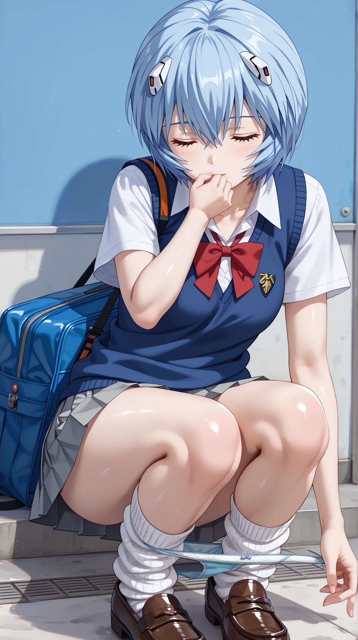 (ultra high resolution, MESH FILM, masterpiece, correct, 解剖学的にcorrectな, Super Detailed, High Details, Hi-Res, 1080P, 16 kg、high definition RAW color art:1.3)、 ( Ayanami Rei from below:1.short hair、pale blue hair:1.3)、( sHINNY SKIN:1.HINNY SKIN:1.3)、(micro skirt, shirt, uniform, white shirt, Short Sleeves, Pleated Skirt, Grey Skirt, Sweater Vest, tokiwadai uniform、loose socks , Loafers:1.Melling underwear:1.3)