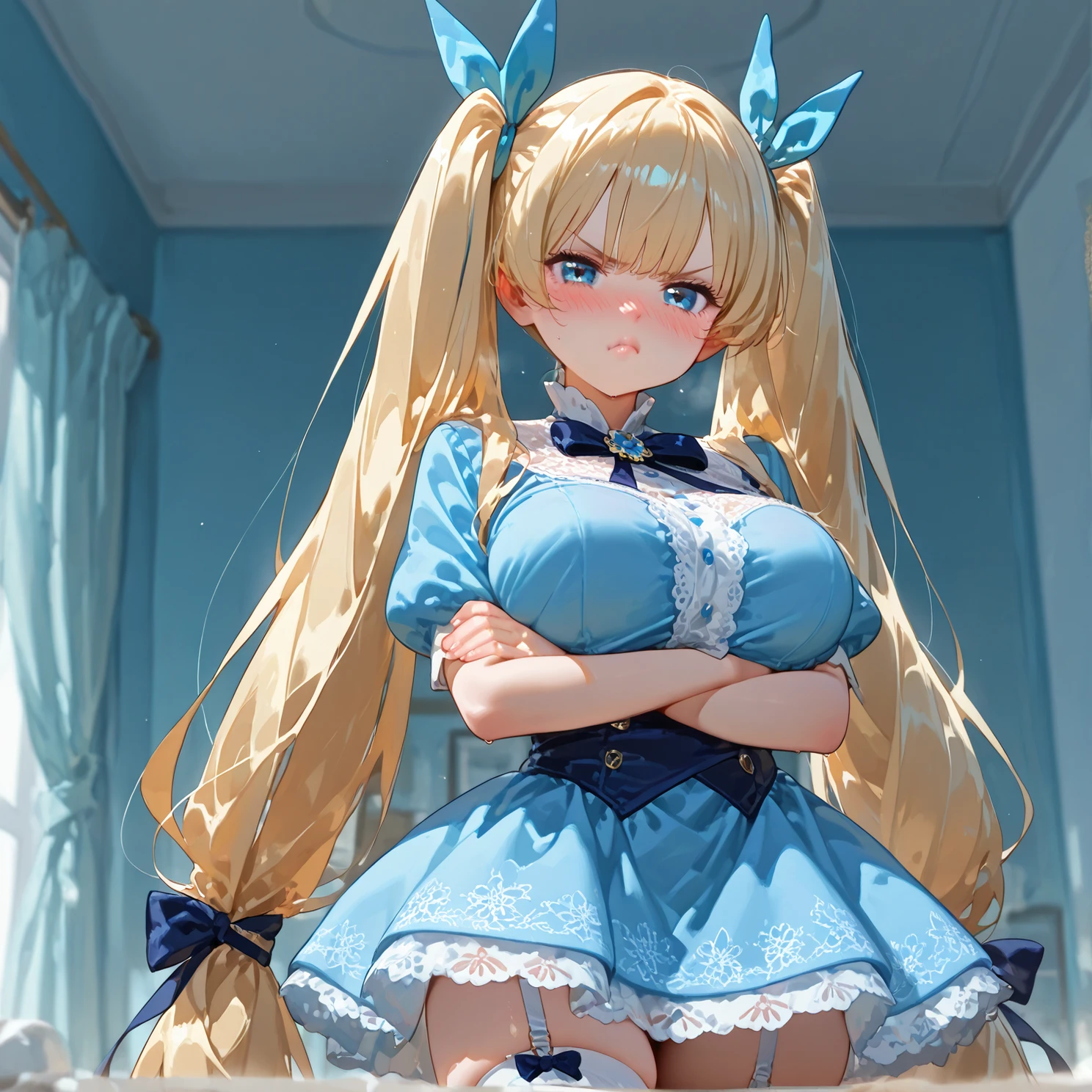 long blonde twin-tails, twin-tails tied with ribbons, very long twin tails, loosely gathered twin-tails, tsundere twin-tails, light blue eyes, busty, big breasts, petite, large mischievous eyes, soft blush on fair skin, feminine and flirty style, flowy skirts, lace tops, thigh-high socks, blue ribbons in hair, wearing blue, crossed arms, pouting, blush