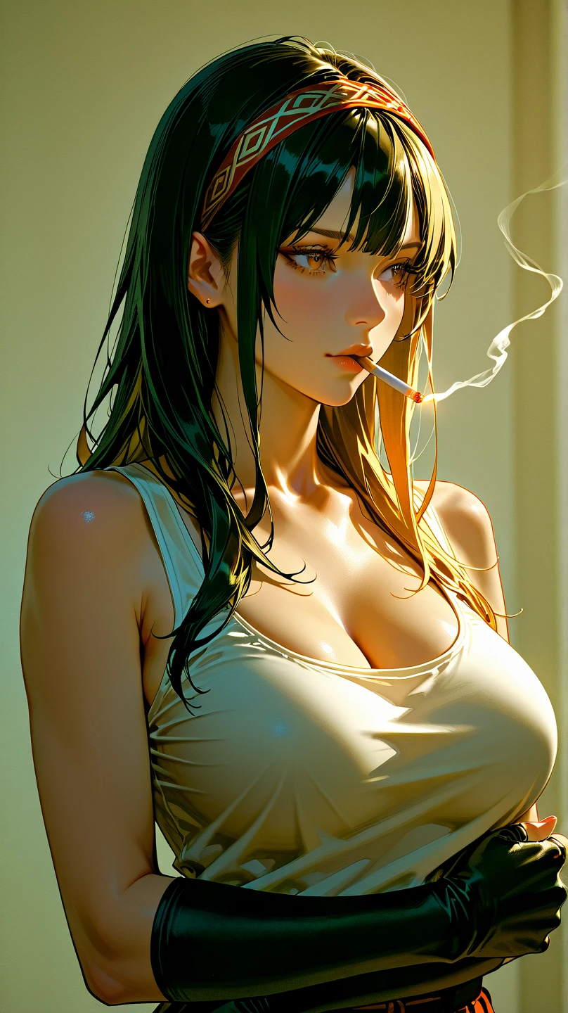 absurdres, highres, ultra detailed, (1girl:1.3), BREAK , Create a minimalist design, with clean lines, simple shapes, and a focus on composition and balance, BREAK. focus on the subtle details and atmosphere of the scene, BREAK, Capture a room, working room, table desk, brown, low light, ambient smoke, BREAK, capture a girl, straight hair, pointed nose, cool girl, cool expression, smoke, more smoke, detail eyes, 8k, ultra hd, detail, ultra detail, super detail, dress, white dress, (long dress), white lingerie under the dress, sharp eyes, fierce eyes, sitting on the table, (((cigar in hand))), smoking a cigar, chainsmoking, black straight hair, side bangs, focus on chest, open chest, sexy lips, lips juicy looks, large lips, (sitting on a desk),