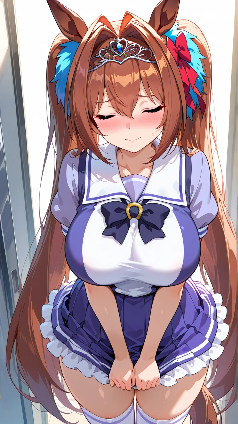 masterpiece, 16K,top-quality, {{{1 woman}}},独奏,Daiwa Scarlet \Umamusume,{{{horse ear}}},Twin-tailed,{{{Twin-tailed}}},Very long hair,Brown hair,tiarra,{{{Tiara on the head}}}, red blush,Nasty face,White teeth,Big open mouth,Beautiful red eyes,Five Fingers,bare clavicle,{{{very Bigger breasts}}},{{very saggy chest}},{{{Beautiful nipples}}},fullnude,{{{fullnude}}},{{{bending forward}}},Pose on all fours,Bring your cleavage closer with your arms