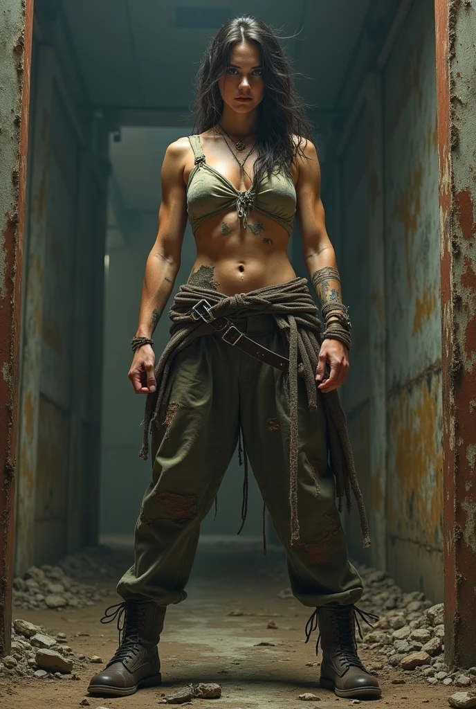 (Evangeline Lilly:Emily Rudd), tattooed, kneel down, hands in the back, bdsm collar, sweat skin, sharp focus, masterpiece, in a dungeon, ragged clothes.