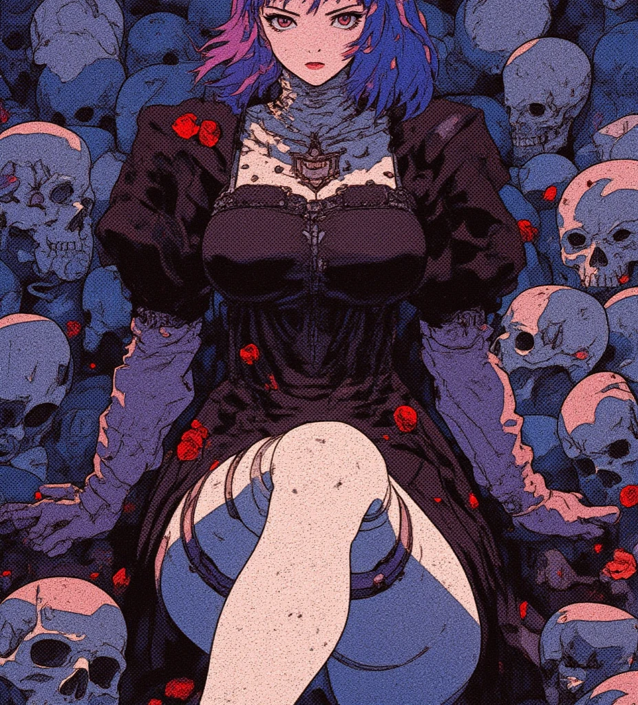 score_9, score_8_up, score_7_up, score_6_up, score_5_up, score_4_up, source_anime, medium shot, goth girl, bangs over eyes, goth clothes, choker, high shoes, fishnet, skull print