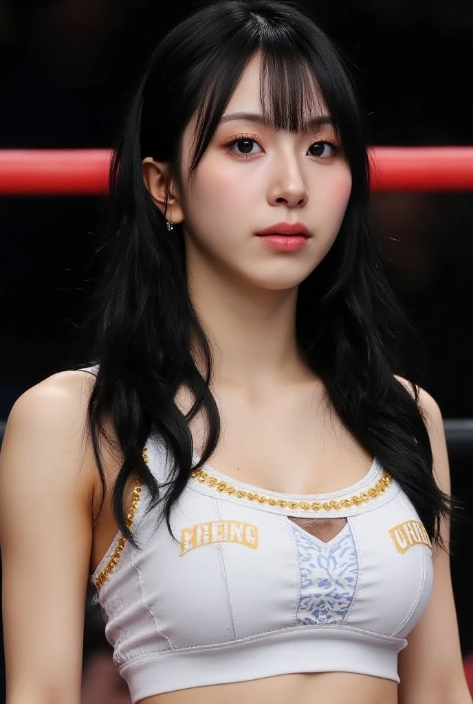 Top image quality,(Lori,sixteen years old, teens), (lacy fabric,White one-piece swimsuit), small tits,(Black hair straight hair,bangss),professional wrestling,extremely detailed face and skin, Detailed eyes, Double eyelids,knee high socks,Wrestling Shoes,Lace gloves,Nogizaka46,fight in professional wrestling,During a pro wrestling match,leaning on the rope,Glocky