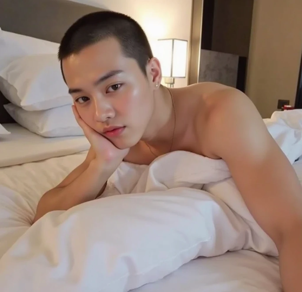 a jungkook sitting only in a towel with his right arm tattooed holding a cell phone while the other hand is between his legs