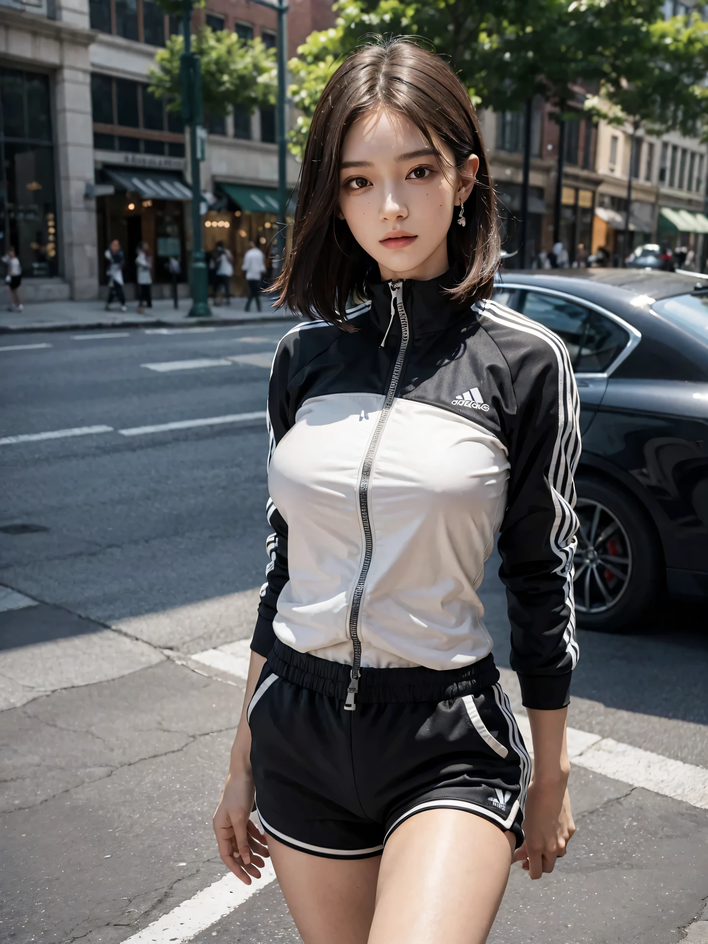 (NSFW), 1womanl, Solo, 24 year old, 7headed body, (cute  face), (Ideal ratio body proportions), a park, Running, ((Upper body tracksuit)), ((Lower body tracksuit)), Smiling smile, erectile nipple, Sexy body, Wet, short-hair, Dark hair, small tits, A slender, Small buttocks, beauty legs, Skinny Legs, surrealism, Cinematic lighting, depth of fields, One-person viewpoint, F/1.8, 135 mm, nffsw, masutepiece, ccurate, ((Anatomically correct)), Textured skin, Super Detail, high details, High quality, awardwinning, Best Quality, hight resolution, 8K