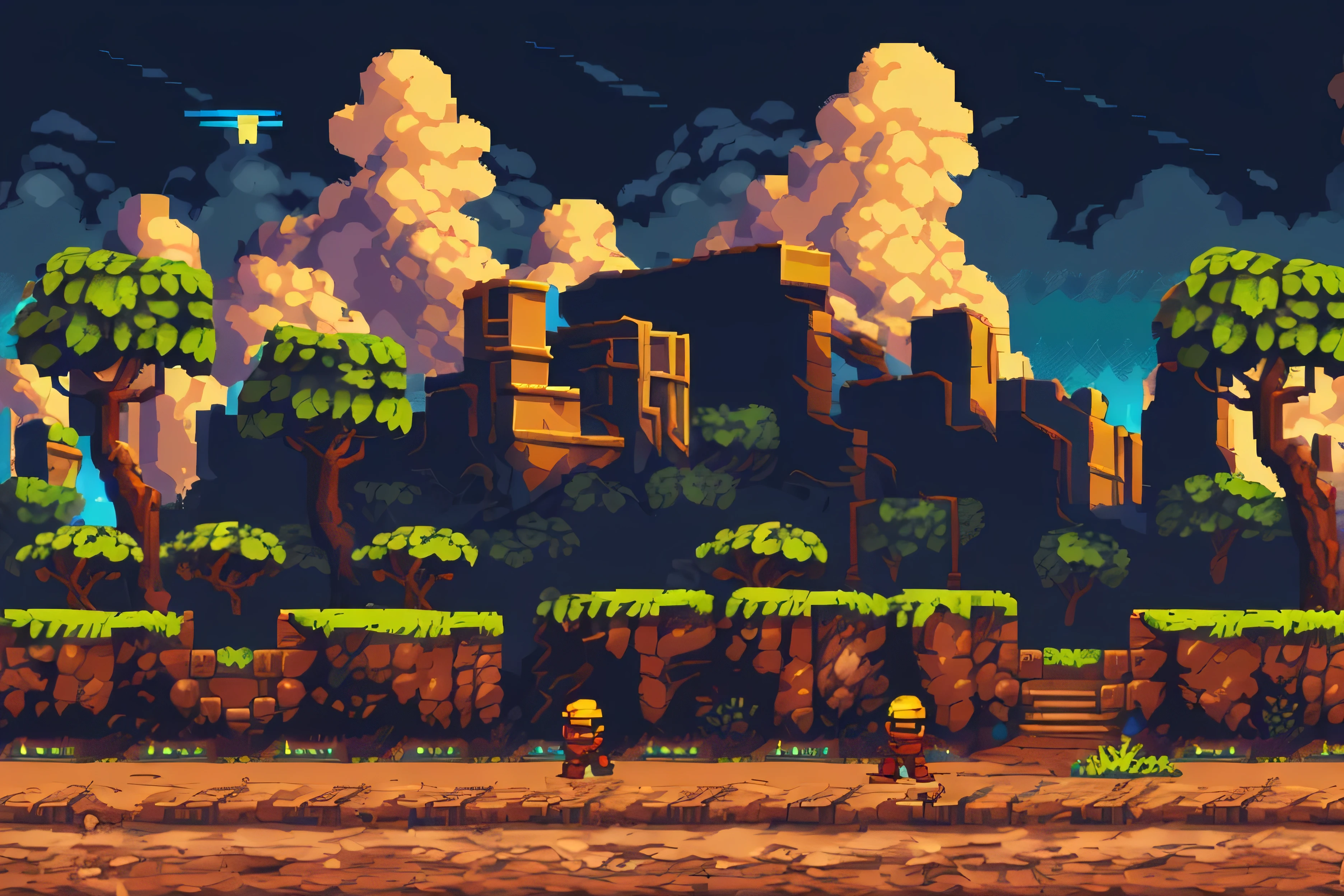 Background texture for a classic platformer, only sky background and road, empty locations for adding objects, readable way to have a place to put the hero, high quality, classic style 16 bit games, platformer with side view, Sega mega drive style