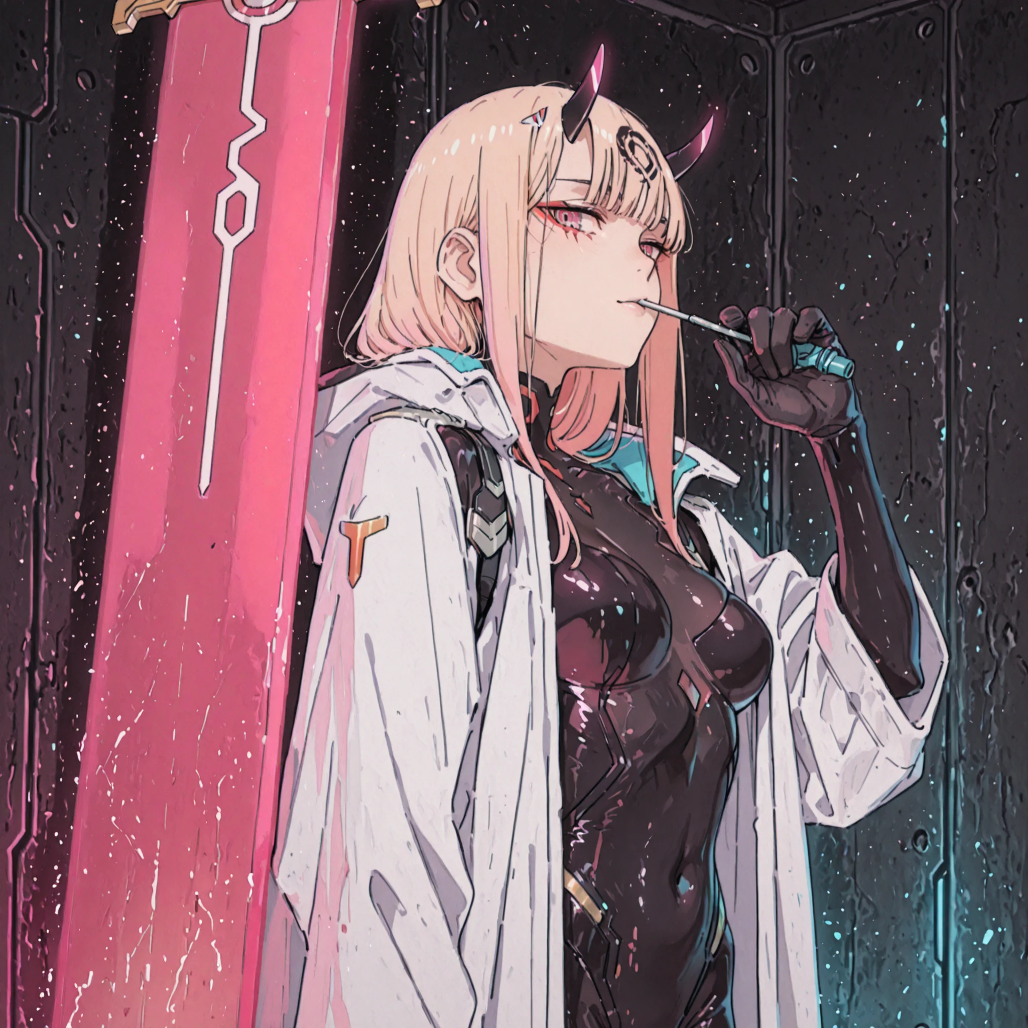 A short, confident cyberpunk girl, about 5 feet tall. She has bright blonde hair, in the style of Zero Two from Darling in the Franxx, but blonde, and long black oni horns on her forehead. Her face should be like Zero Two from Darling in the Franxx, with glowing reddish-pink eyes. She wears a white coat inspired by Dusk from Arknights, loosely draped and falling over her shoulders, revealing a tight-fitting black cyberpunk bodysuit, similar to an EVA pilot's suit, but with a more advanced and futuristic design, covering her entire body except for her head, covered hands and arms. She should have an oni mask covering only from the nose down, covering the tip of the nose, mouth and jaw, black mask, features with a cuberpunk design on her face and shoulders.
Her physique is curvy and idealized, with prominent bust and hips. She stands in a seductive yet assertive pose, looking directly at the viewer with a cute and confident expression, ready to strike. The background is pitch black, highlighting her neon-accented design. black horns.
Holding a massive greatsword in her hand, the massive greatsword has a futuristic look, its color is black with gold accents.
Prioritize high resolution, vibrant contrast, and accurate color representation — especially neon pinks and deep blacks — to enhance the cyberpunk atmosphere.