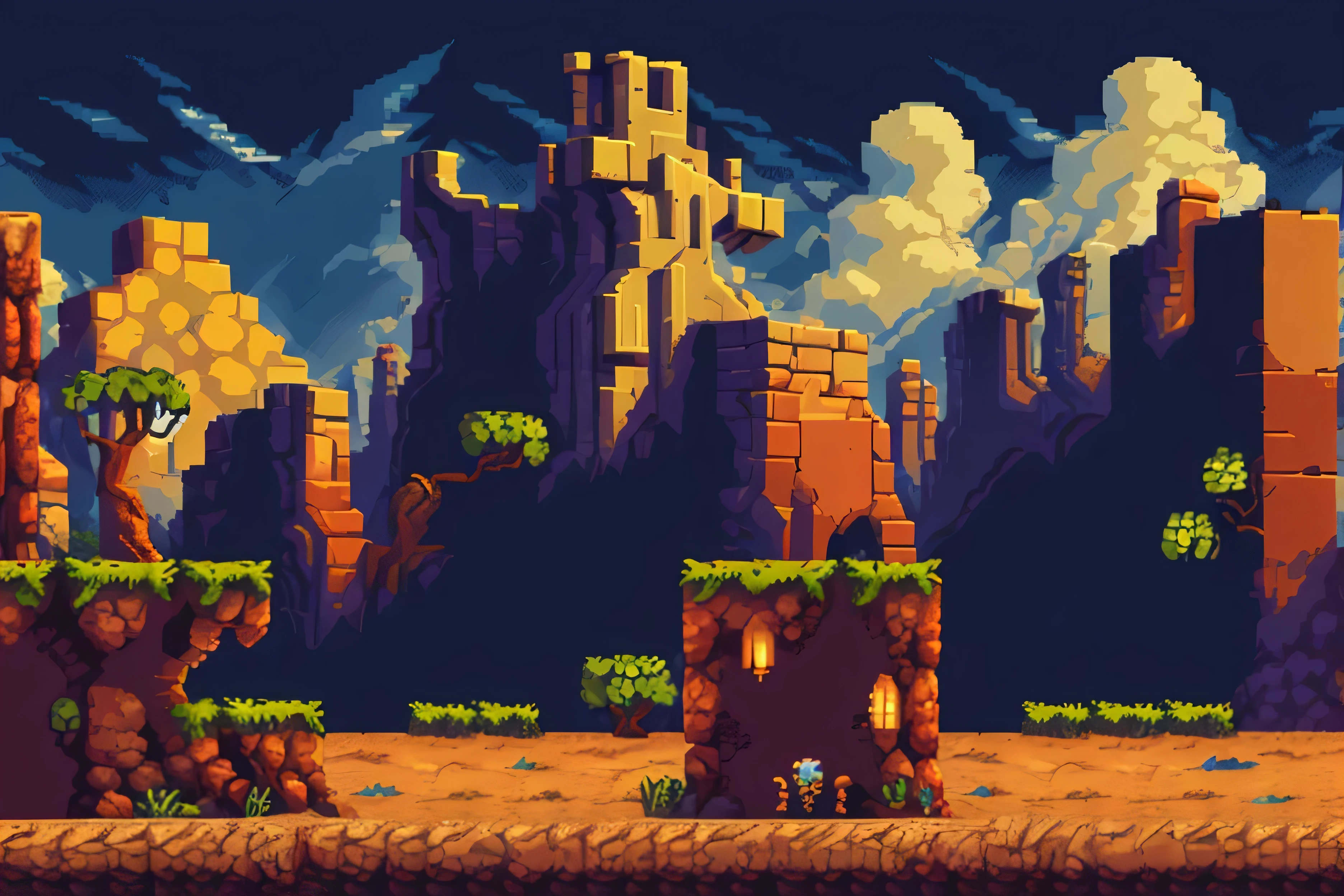 Background texture for a classic platformer, only sky background and road, empty locations for adding objects, readable way to have a place to put the hero, high quality, classic style 16 bit games, platformer with side view, Sega mega drive style
