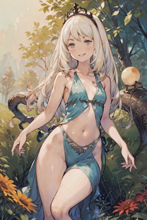 young girl 15 ,, very long hair that touches the ground, platinum ruby hair, iridescent eyes, very thin body , very small breasts, wide hips, lips shining with moisture, dressed in a very transparent white silk toga, very small young woman and thin, Slim body
