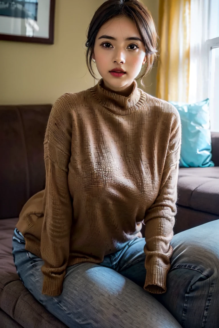 High Definition, 8k quality, Masterpiece, velma, huge dream girl , beautiful face, kiss lips, short bob hairstyle, long bangs, perfect make up, realistic face, detailed eyes, Blue eyes, Brown hair, eyelashes, mouth slightly open, bedroom, sitting in bed, showing cameltoe, eyes to the viewer, orange knit turtleneck sweater, glasses with clear lenses, red  skirt,
