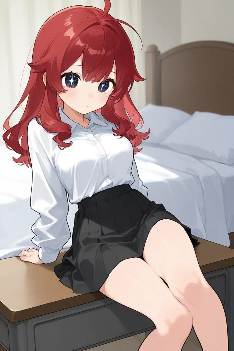 1 girl, best quality, ultra high res, long hair, red hair, green eyes, looking at viewers, small breast, standing, pov, slim body, loli body, small body, smile, open mouth, yellow shirt, short sleeves, bike shorts, bedroom, white bed sheets,