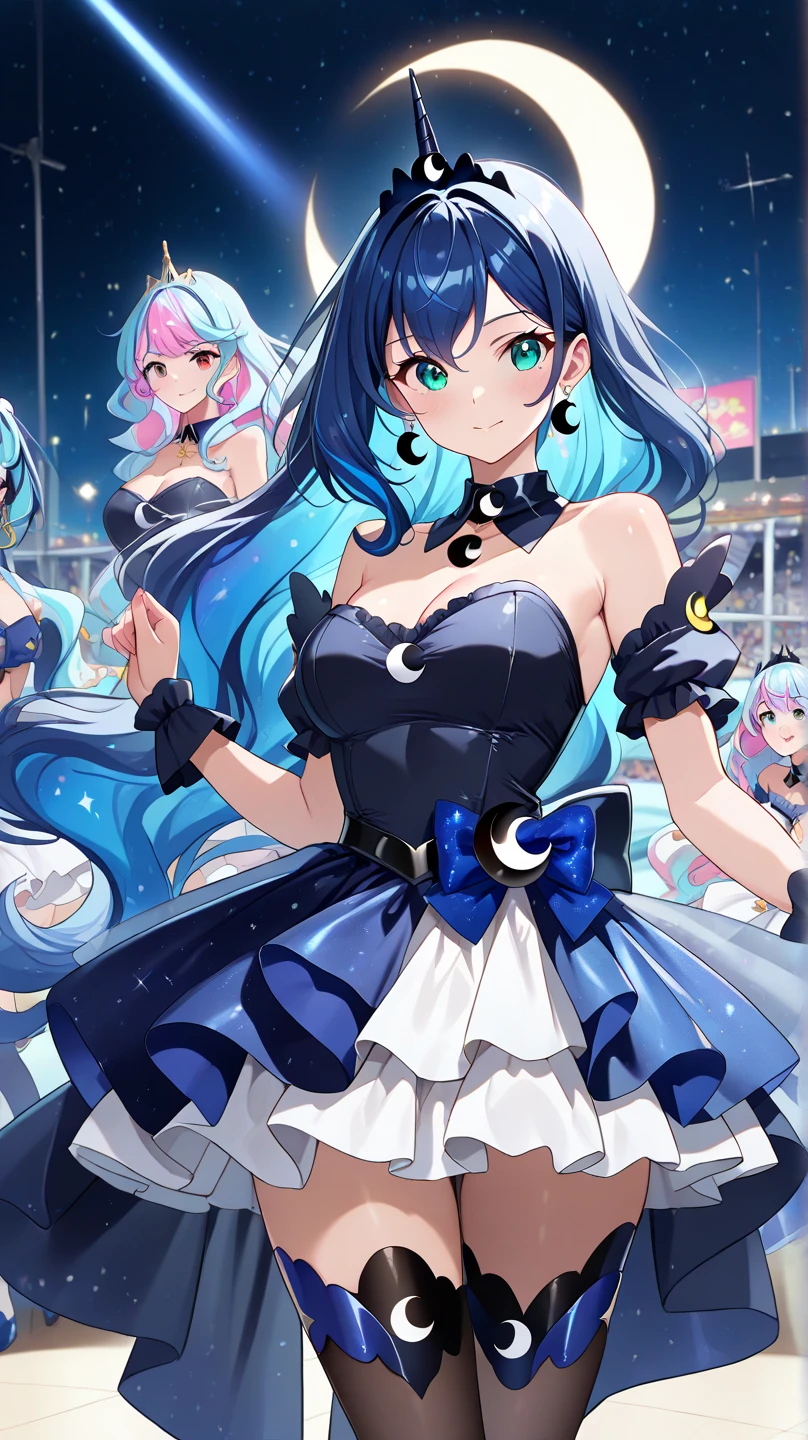 Group of 6 teen girls, all in magical girl outfits, all with different hair styles and colors