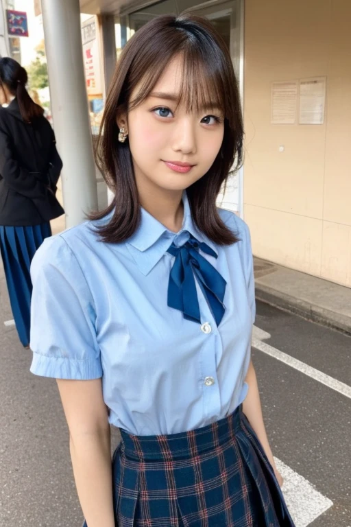 (masterpiece:1.2), Japanese, (16-year-old), (girl),  ((Collared shirt)), (skirt), smile, Bedroom, Thighs, ((small face)), (bow tie), Hair Bun, walking, 