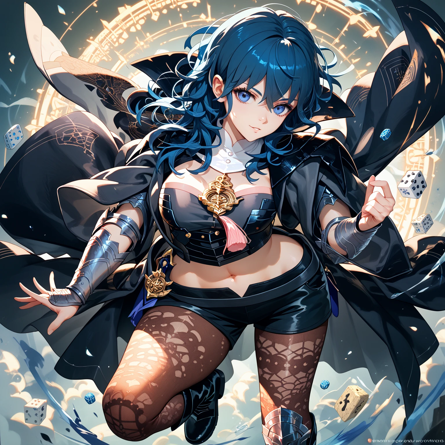 1girl, japanese clothes, ponytail ,black hair, blue eyes, magic circle, blue fire, blue flames, wallpaper, landscape, blood, blood splatter, depth of field, night, light particles, light rays, sidelighting, thighs, fate \(series\), genshin impact, ****, open jacket, no bra, mini skirt, no panty, thighhighs, cloud