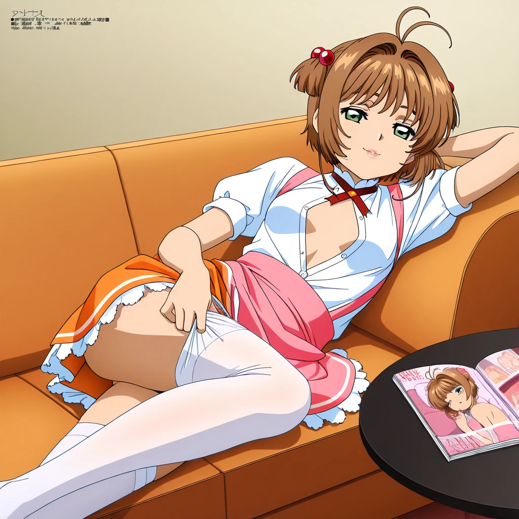 ,skirt_lift,white_panties,ribbon,from_below,1 girl,white thigh-highs,medium breast,look at viewer, masterpiece, best quality,ultra-detailed,highres,extremely detailed CG,super fine illustration,happy