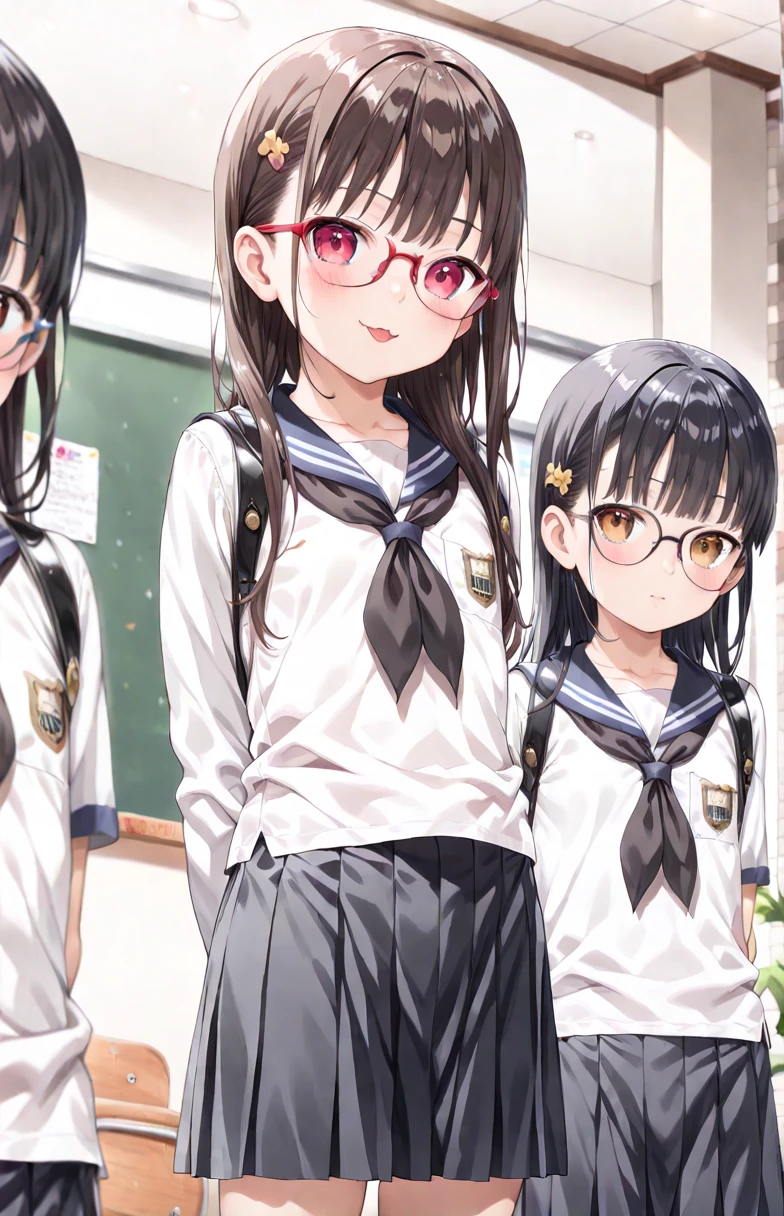 shinkai makoto, kimi no na wa.,
detailed background、beautiful and detailed face、beautiful and smooth skin、skin texture、Beautiful teenage girl、((Three Beautiful Girls))、black hair short、cute hairstyle、ponytail、Cute black glasses、Changing clothes in a school classroom、smile、laughter、sexual expression、smile、Cute colored sailor suit、white sailor collar、Plaid pleated mini skirt、bright colored knee high socks、panty shot