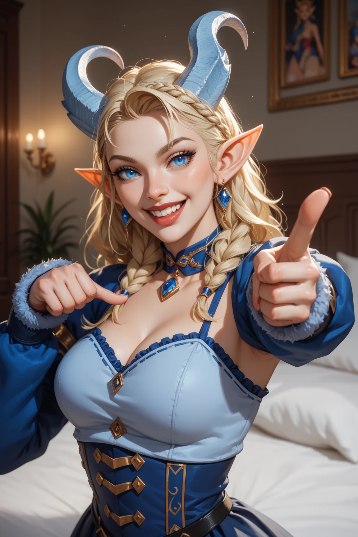 (sexy) 1 horny adult elf archer, with long hair, dressed in medieval clothing, excited state, Mouth slightly open, slight smile, Erotic fighting pose in the middle of a room with medieval interiors and decor., looking at the viewer. photorealistic, luz outfit, General detail: 1.5