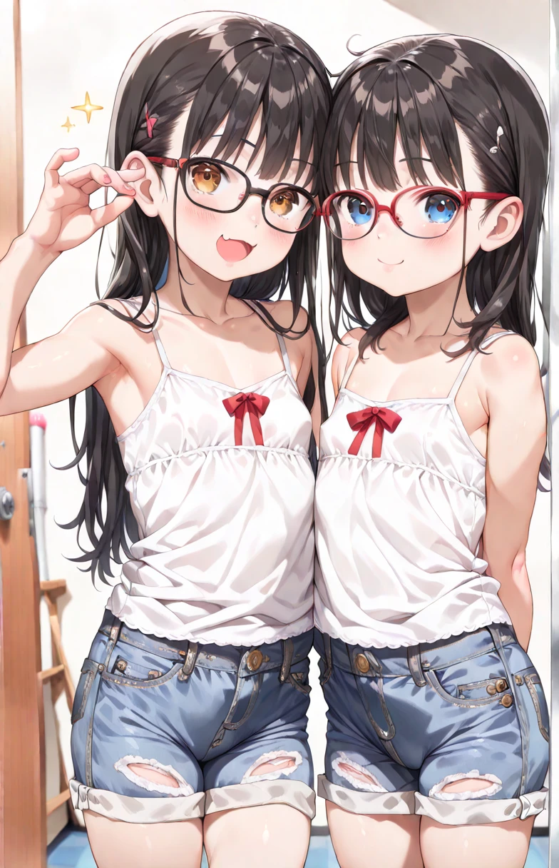 ultra-detailliert, Best Quality, High resolution, ((Two cute s with dark hair)), Pretty eyes、Looking at Viewer, pale skin, Petite,(naked)、(I don't wear panties)、(flat chest), (Glasses), (blush:1.2), (big eye:5.0), An embarrassed smile, NSFW, atlibrary、Focus on the face、 (Long hair)