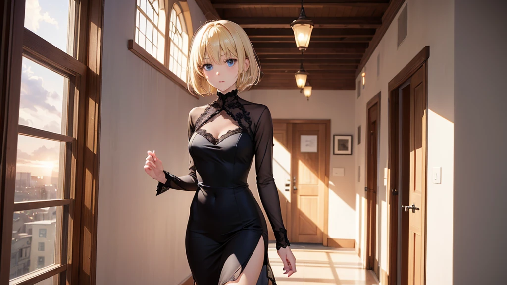 masterpiece, best quality, cartoon style, 2D illustration, flat colors, solo, 1 girl, loriloud, lori loud, highres, blonde hair, black eyes, bare neck, bare shoulders, little black dress, strapless dress, skin-tight dress, bangs, small choker, smile, seductive, detailed, soft lighting, in bedroom, standing up.