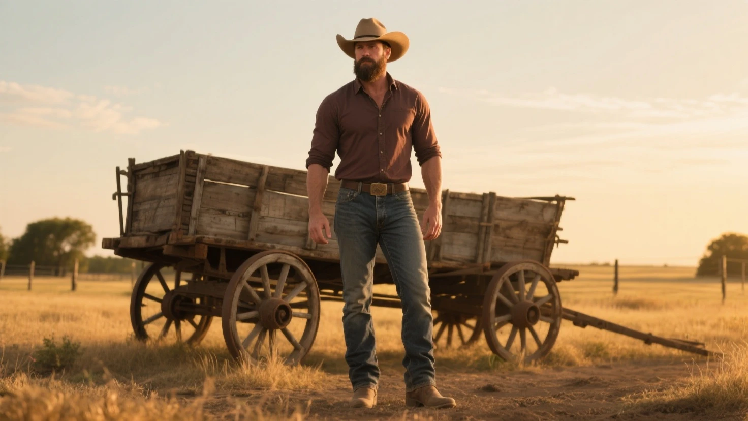 Un homme barbu robuste avec une forte carrure, portant un débardeur gris et un jean, Avec un chapeau de cowboy, est vu de côté alors qu'il se tient à côté d'un vieux, camionnette rouillée. Il est appuyé sur le camion, un bras levé vers le cadre de la porte.. Le décor semble être une zone rurale avec des signes d'usure et de rouille sur le véhicule, suggérant un robuste, mode de vie en plein air. La posture et la tenue vestimentaire de l'homme indiquent une attitude décontractée mais confiante., cohérent avec un thème country ou occidental.