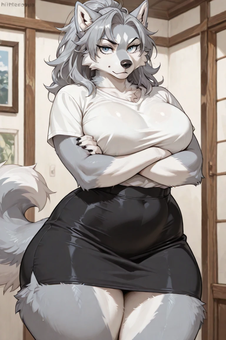 female anthro zebra ,Brown long fluffy hair, fluffy hair, zebra, (big breasts:1.5), attractive, sweater dress, sleeveless, lab coat, bare legs, pantyhose, tights, thicc body, thicc body, thicc, freckles, freckles on face, neutral expression, smug eyes, she is standing (thick thighs:1.5)