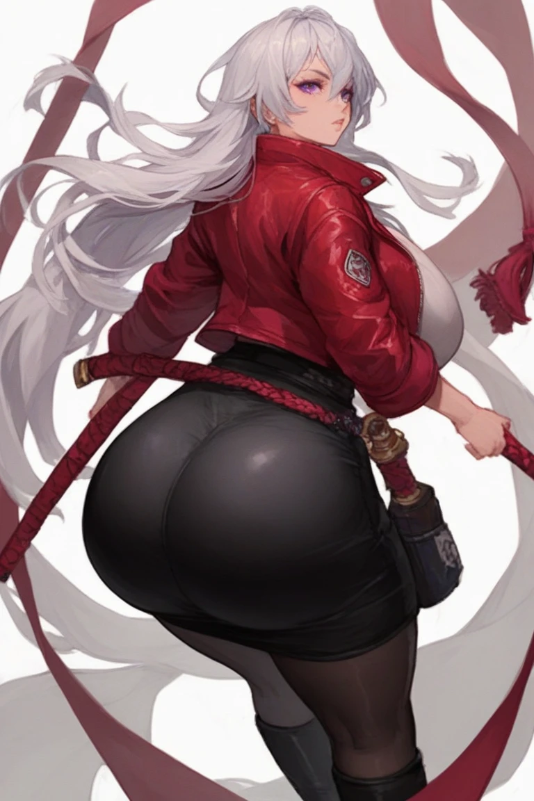 Uma mulher de corpo sensual, cabelo longo e loiro, olhos azuis e sensuais, seios grandes e bunda com uma roupa sexy, chamativa, preta, com detalhes vermelhos, com um brilho vibrante e intenso