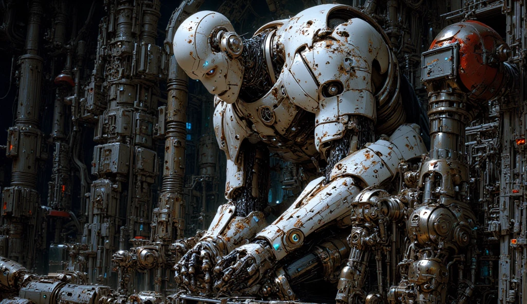 (Masterpiece, Top Quality, Best Quality, Official Art, Beautiful Indulgence: 1.2), (1 Girl: 1.3), Very Detailed, Colorful, Supreme Detail ((Ultra Detailed)), (Highly Detailed CG Illustration), (Very Delicate and Beautiful)), (From the Side), Cinematic Light, (1 Machine Girl)), Solo, Full Body, (Mechanical Joints: 1.2), ((Mechanical limbs)), (Blood vessels connected to tubes), ( Mechanical vertebrae attached to the back), ((mechanical cervical vertebrae attached to the neck)), (sitting), expressionless, (wires and cables attached to the neck: 1.2), (head wires and cables: 1.2) (character focus), science fiction, fantasy landscape --auto --s2