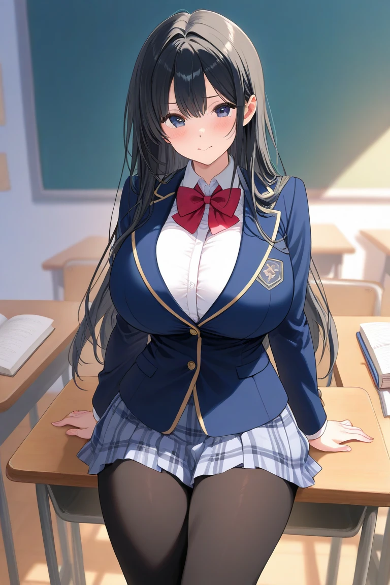 tsukino mito, Long Hair, Virtual YouTuber, skirt, Knee socks, Black Hair, Jacket, bow, blazer, black Jacket, Hair Clip, hair ornaments, white Knee socks, bangs, Braiding, pleated skirt, pink bow, , bowtie, very Long Hair, Long sleeve, shirt, collared shirt, white shirt, blue eyes, pink bowtie, Plaid skirt, Plaid, black skirt, miniskirt, Are standing,classroom,  Huge breasts:1.5