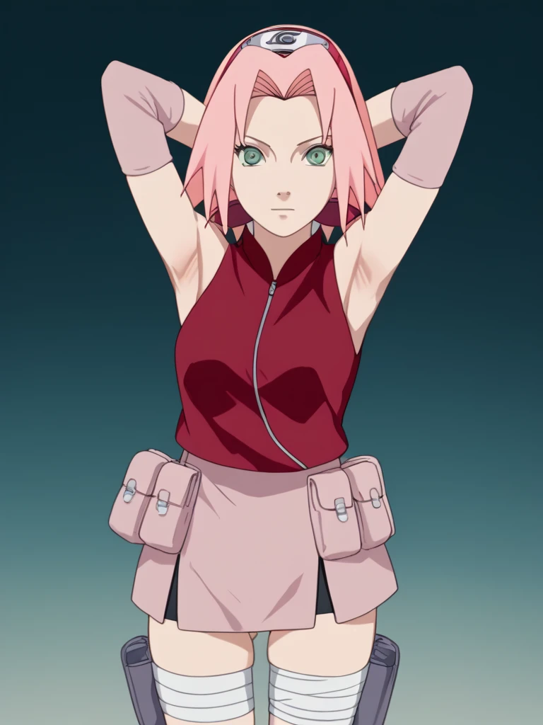 masterpiece, Best quality at its best, 1 girl,(open waist:1.5) ,Sakura Haruno,red clothes ,(split),lying on his back , full length,raised sexy,angry,with pink hair, long pink hair, (Green Eyeballs:1.4), Forehead Protection ,tight black glossy bicycle shorts, knees bent, view from above, the back is arched back, legs spread wide, hands raised up and tied with rope, full length, соски просвечивают