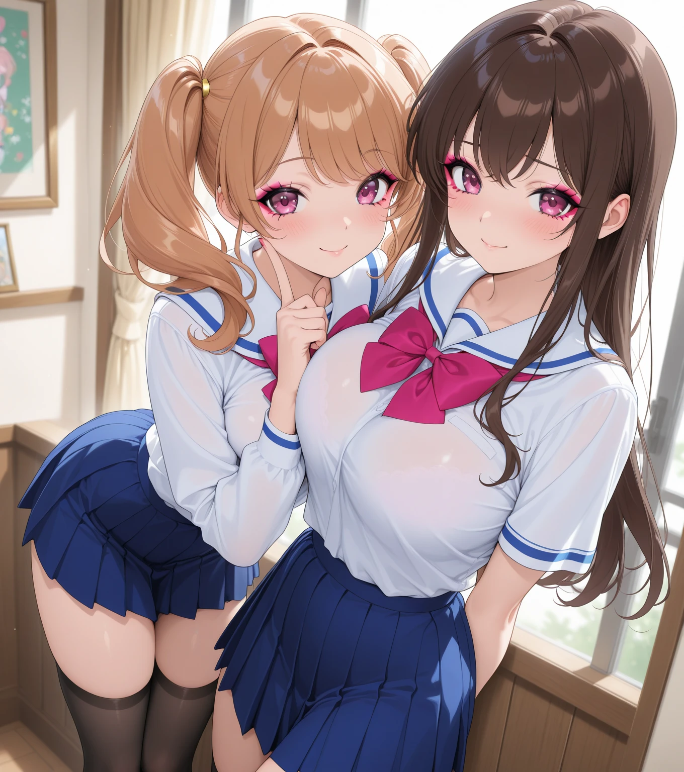 realistically, brown eyes, ponytail, glowing eyes, white short skirt, extra short skirt, Blush, daytime, Wet from the rain, see through, sleeveless shirt, nipples, lace panties, crotch, embarrass, Sit with your knees raised, windy, yuuki mikan, the skirt is turned up, highest quality, High resolution, highly detailed face, perfect lighting, highest detailed CG, perfect hands, perfect anatomy, hand pulled skirt up, medium breast