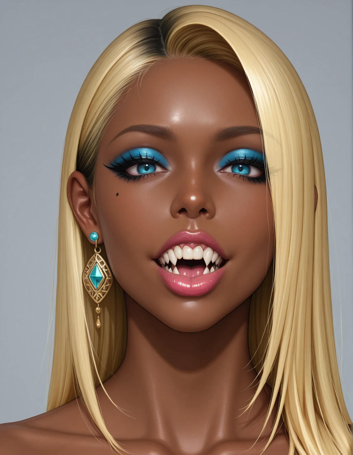 score_9, score_8_up, score_7_up, score_6_up, 1girl, solo, jewelry, rating: safe, brown_eyes, black_hair, lips, makeup, armlet, breasts, egyptian, egyptian_clothes, dark_skin, nose, earrings, gold, lipstick, cleavage, realistic, looking_at_viewer, medium_breasts, open_mouth, oral_invitation, piercing, gyaru, blunt_bangs, bangs, bob_cut, vampire, long_fangs, (from_above:1.3), downblouse, dark, silk, see-through, (blood_from_mouth:1.2), black_robe, blood, sharp_teeth, moonlight, forest, (blood_on_face:1.2)
