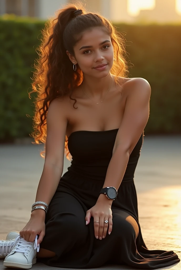 21 year old mixed girl with elbow length curly hair, extra realistic, detailed eyes, pretty face, delicious lips, wearing black dress, in a restaurant sitting at a table with the Eiffel tower in the background, night time lighting, depth of field, 4K, HDR.