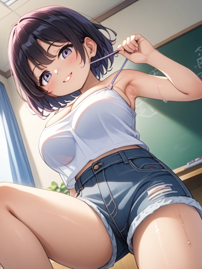 masterpiece, best quality, absurdres,
1girl, ,, , ,,camisole,, (denim skirt),socks,looking viewer,,spoken heart,,(petite),flat chest,,nipple,,''(nsfw),socks,earring,classroom,sitting on chair,thigh,from side,open mouth,tongue,(drool),grin,(fellatio)
