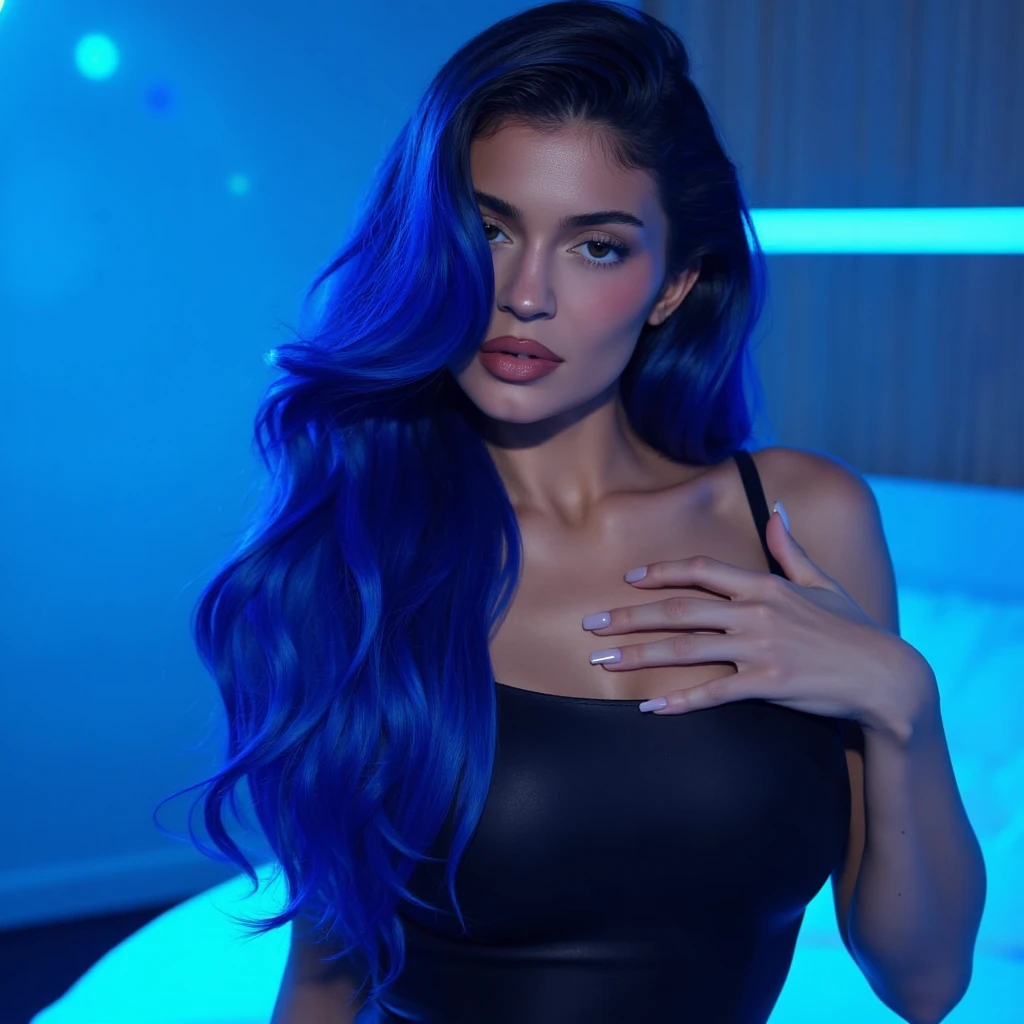 1girl,photo of ariana standing in a cyberpunk jacket, (blue hair:1.5) and (curly:1.5) hair, best quality,(detailed face:1.4), (looking at viewer:1.4), shiny skin, smile, city at night background ,low angle. big breasts and butt