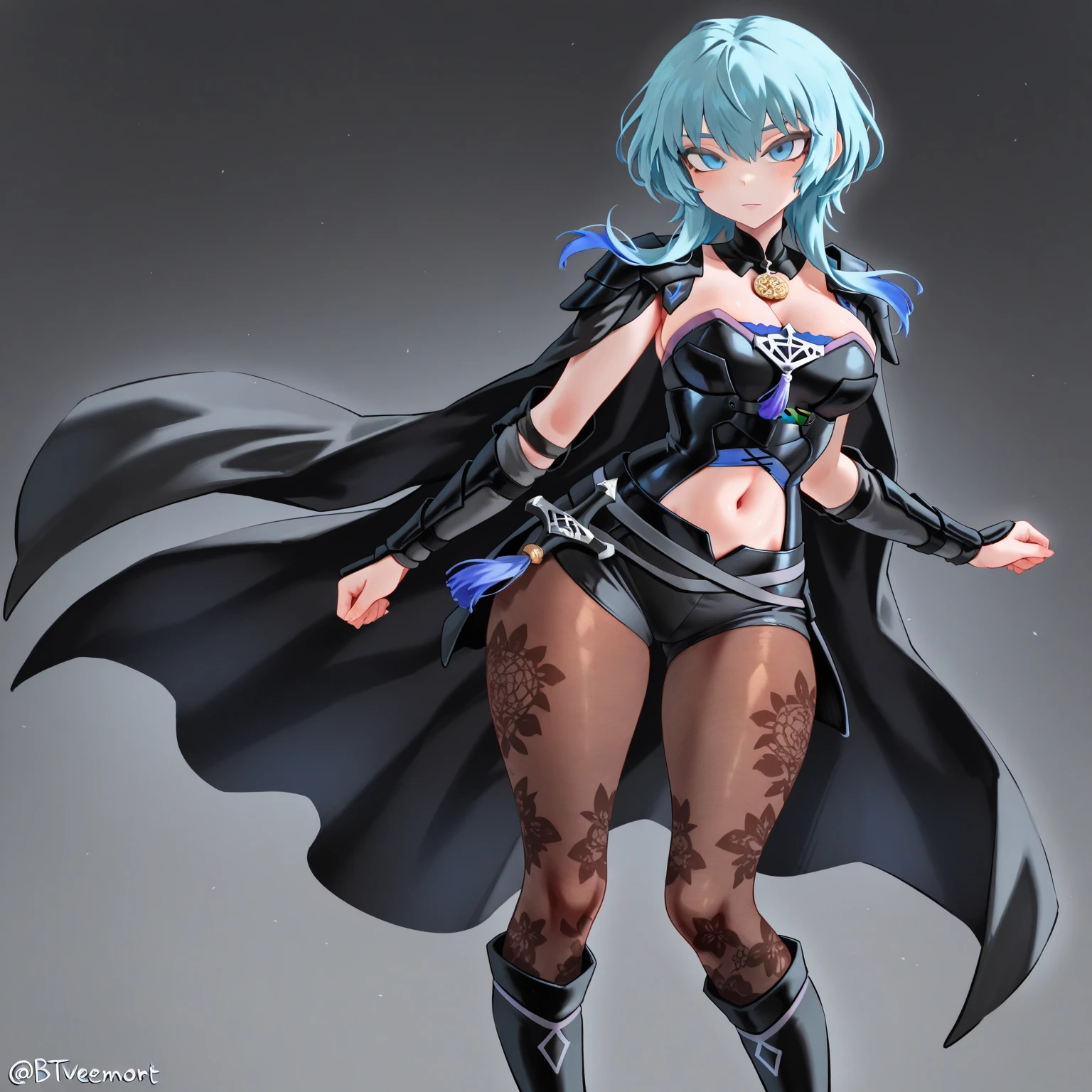 masterpiece, best quality, (extremely detailed CG unity 8k wallpaper, masterpiece, best quality, ultra-detailed, best shadow), (detailed background), (beautiful detailed face, beautiful detailed eyes), High contrast, (best illumination, an extremely delicate and beautiful),1girl, ((caustic)), dynamic angle, beautiful detailed glow, cowboy shot, white hair, elf ears, purple eyes, full lips, pink lipstick, makeup, blue eyeshadow, sexy, outdoors, black shorts, mage robe, shirt, midriff, medium breasts, thong, black chocker, add_detail:1, hairclip, detailed very long black nails close up, black and purple big witch hat, medieval street, wind, full body, blue colored inner hair