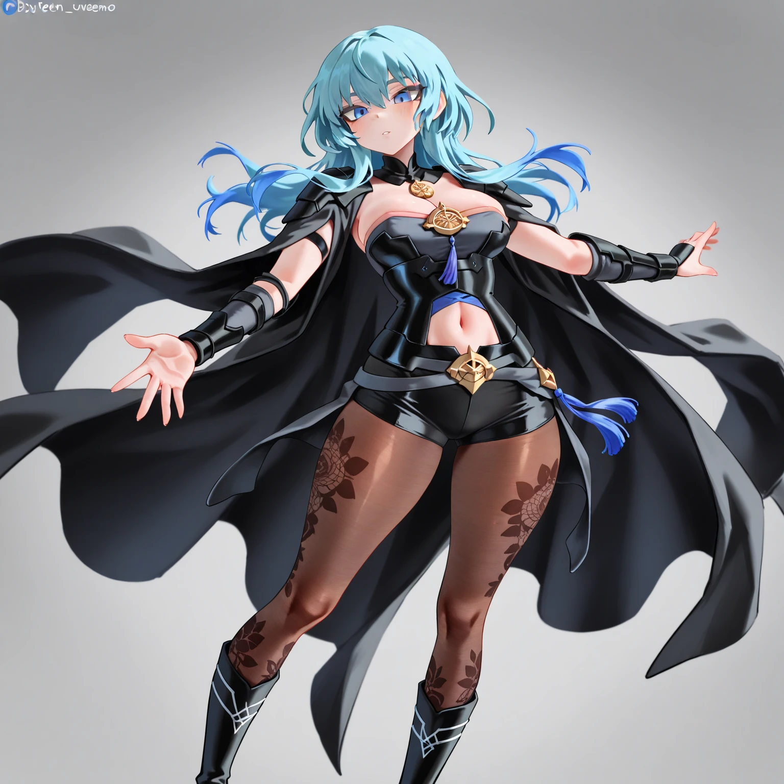 Charlotte Reis, Tensei Kizoku Kantei Skill de Nariagaru, large breasts, thick thighs, curvy hips, masterpiece, best quality, highres, 1girl, witch hat cape blue skirt black thighhighs boots detached sleeves wide sleeves from side, looking at viewer,