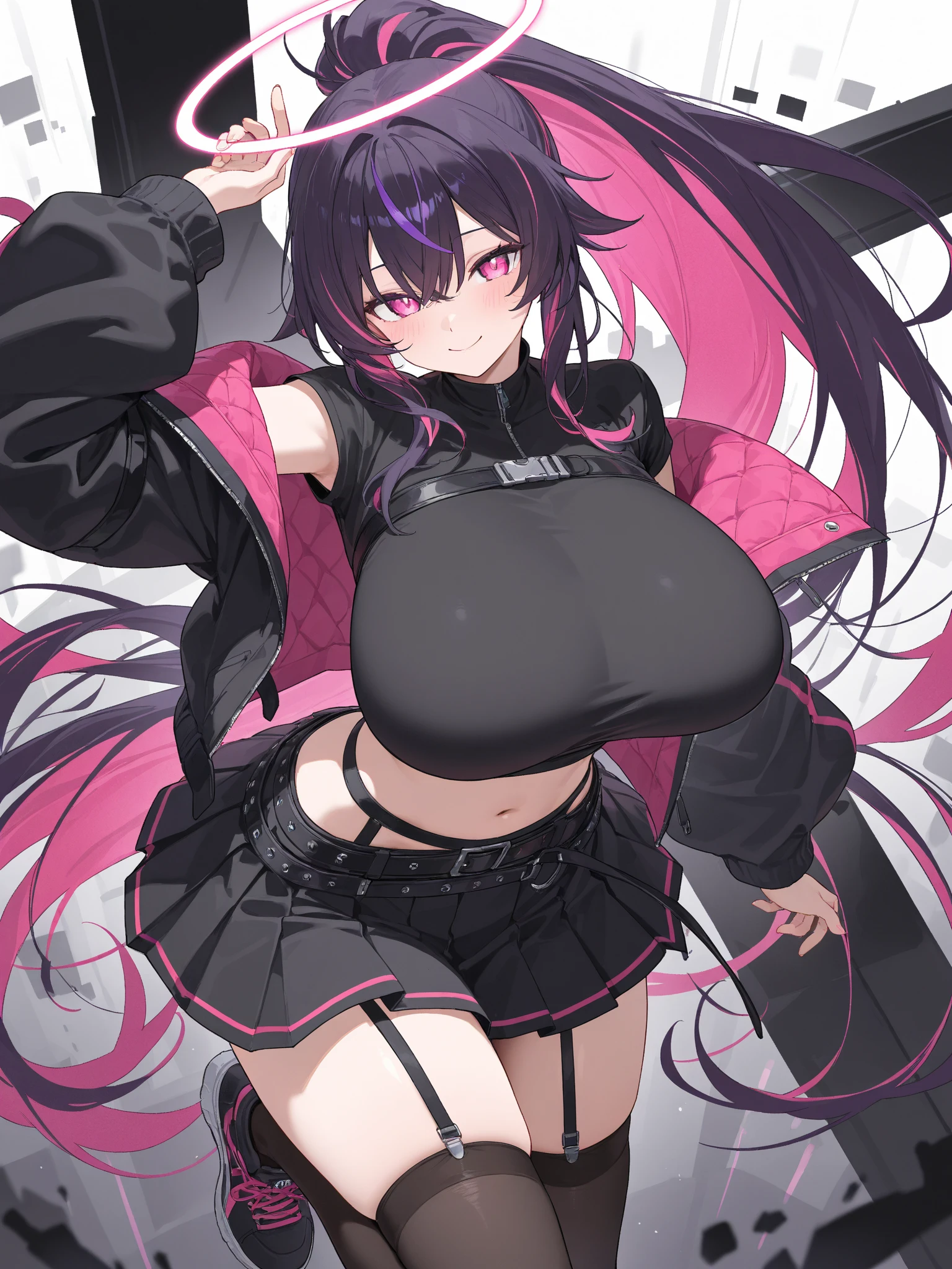 Anime girl standing on a city street wearing a leather skirt and black erotic underwear, Ilya Kuvshinov with long hair, Guviz style artwork, Anime Art Wallpapers 8K, Art Station「Pysif」Mr....... Gwitz, ピシヴArt Stationのグウィズ, Cyberpunk Anime Art Blindfold Burstingly Big Breasts