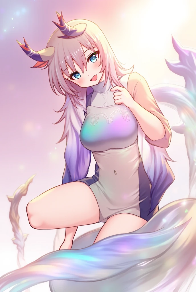 ((white dragon, (a rainbow going down its neck chest, and stomach), (with fluff at the tip of the tail), soft delicate draconic features, a mythical creature, a newly hatched dragon, (baby dragon), 3d art, a single set of Draconic wings that have feathers))