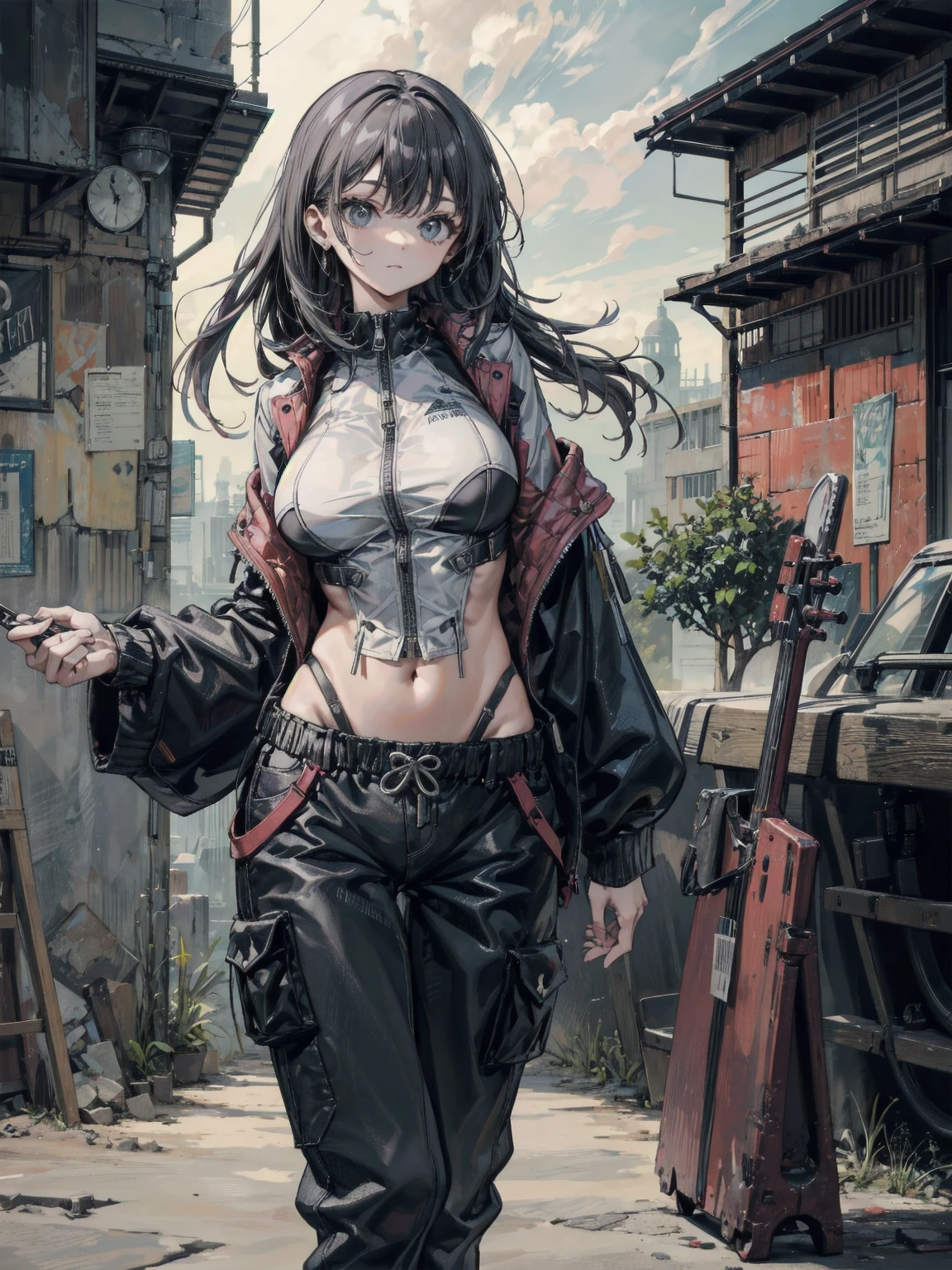 masterpiece, highest quality, pixiv, cool girl, the strongest pirate girl, (((Japanese)))、Horikita Maki、skull fashion, dark brown hair, curly hair, dull bangs, straight bangs, gray eyes, white skin, gal, Improve