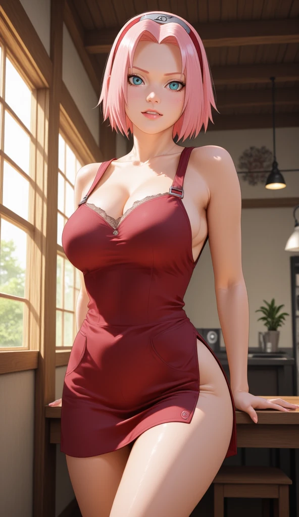 Sakura uchiha. A woman was in a room. He looked like he was sitting in the chair and leaning against me. He was wearing a red shirt. That looks so tight. Thus making his dent. Her breasts look like tracing. She had short pink hair. Her skin was so white and her cheeks blushed. He was looking into the camera. She looks so hot and realistic