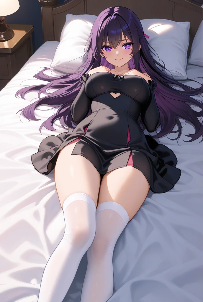 1, black shirt,purple hair,red necktie, lying,on back,bed,arms up,military uniform,small breasts, pencil skirt,masterpiece, highres, best quality