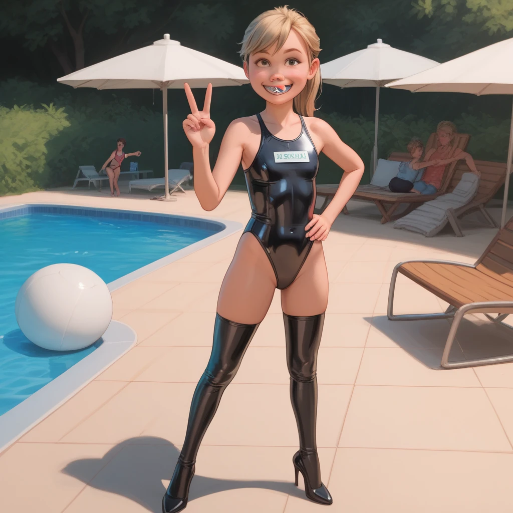 score_9, score_8_up, score_7_up, score_6_up, score_5_up, score_4_up, ri_ley2, 1 girl, ponytail, blond hair, standing, skinny, looking at viewer, barefoot, teenager, adult, small breasts, excited, swimsuit , blue eyes, 