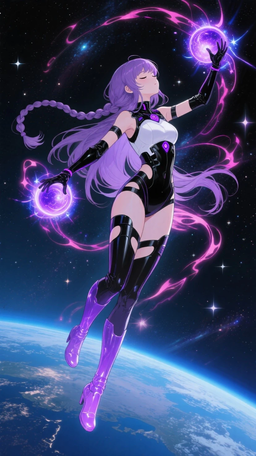 1 girl, superhero, junior high school girl, leotard, barefoot, knee high boots, gloves, shining body, the light that surrounds her body, particles of light, space background, Are standing, put your hands on your hips, cowboy shot, whole bodyショット, superpower, perfect anatomy, cowboy shot. long hair,
Blake is purple body suit, body suit, gloves, Black body suit, multicolored body suit,
Blake is looking at viewer, whole body,
Blake is (debris flies:1.2), highest quality, High resolution, unity 8k wallpaper, (shape:0.8), (beautiful and detailed eyes:1.6), highly detailed face, perfect sentence, Detailed CG, (perfect hands, perfect anatomy),
