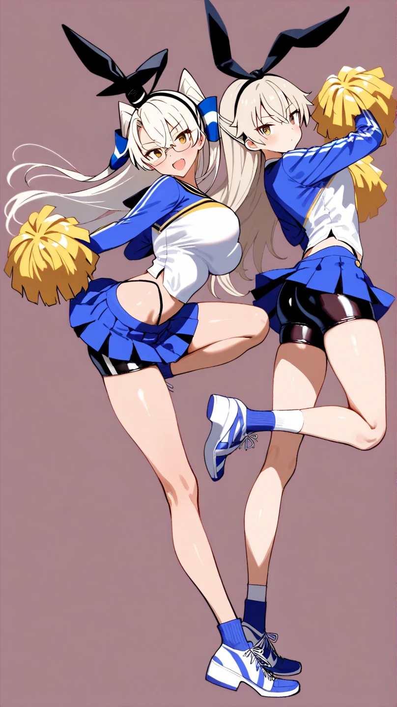 2人の女の子(,young girl ,short stature,gyaru)) ,flat chest,nsfw,,,big head、black hair,long hair,.cheerleader,stand,.shy, sexual ecstasy, blush,striped panty,leg up,arm up