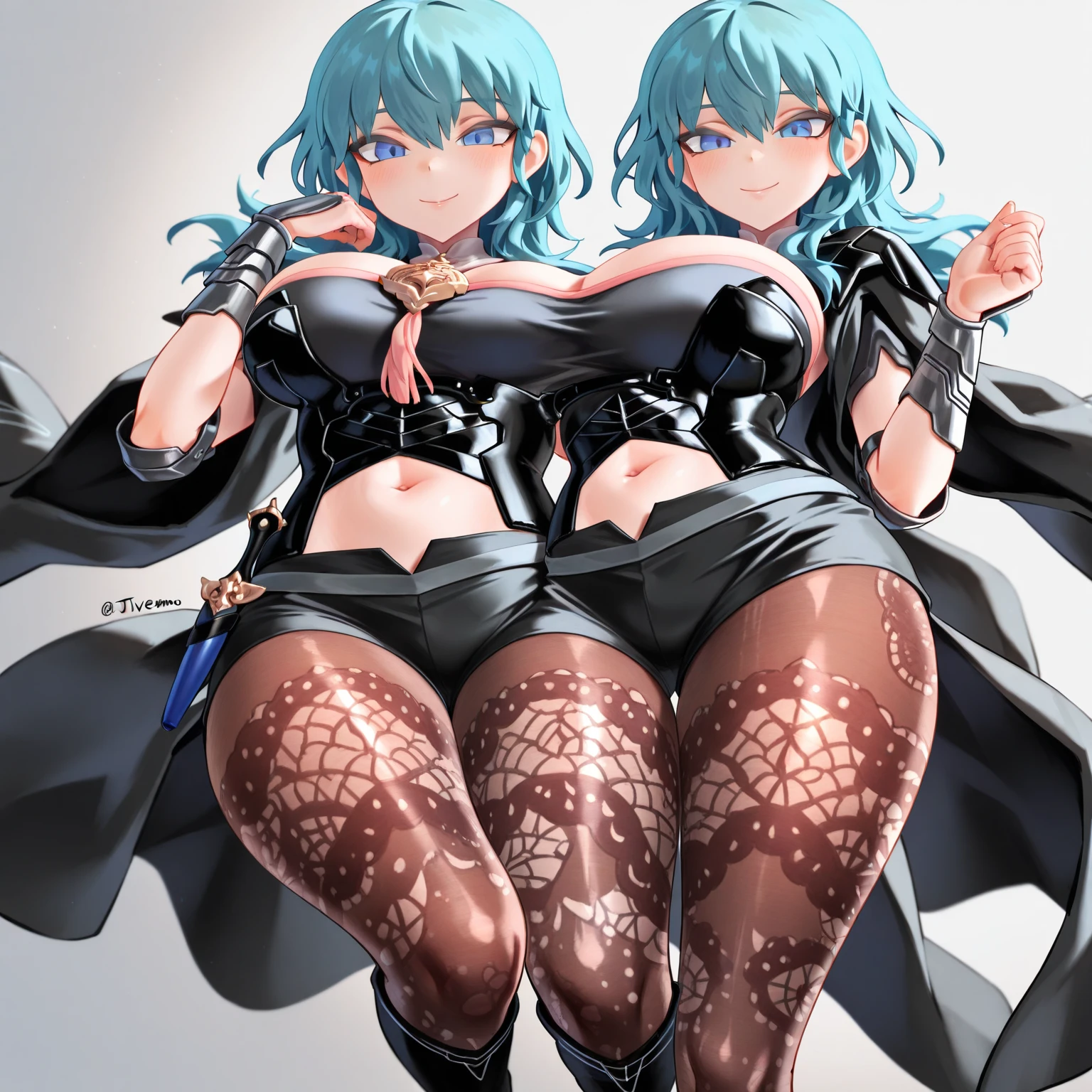 2girls, blue hair, very short hair, short hair, large breasts, wide hips, thick thighs, breasts, yuri, beach, breasts grab, grabbing another's breast, breasts grab, purple eyes, grabbing from behind, grabbing, groping, smile