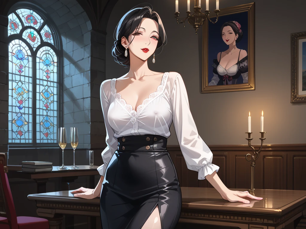 masterpiece, (realistic:1.4), hyperrealistic, best quality, middle-aged woman, manuela, teal dress, corset, white cape, fur trim, choker, o-ring dress, bar, blush, bottle of wine, cowboy shot