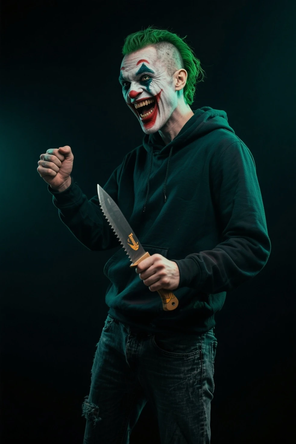 fictional scary male creature with glowing white eyes has a scary smile with sharp teeth has a fit athletic physique wears no shirt is holding a knife , in cum bedroom scenario at night , light coming through the window , front view , 4K , best qualityer , high détail , Masterpiece artwork
