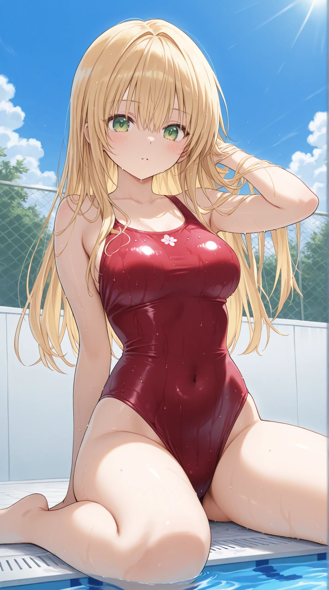 aikatsu,(RED Ribbon on HAIRband:1.2),girl wearing Geometric pattern light Green one-piece swimsuit, cute, , kneeing, large_breasts, erect_nipples:1.6, contemporary indoor pool, modern, large window, a foliage plant, , from bellow,Blonde_hair, absurd-resolution, absurd-detailed, best quality, realistic background,